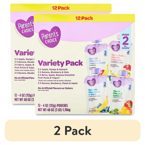 (2 pack) Parent's Choice Stage 2 Baby Food, Variety Pack, 4 oz Pouch, (12 Pack)