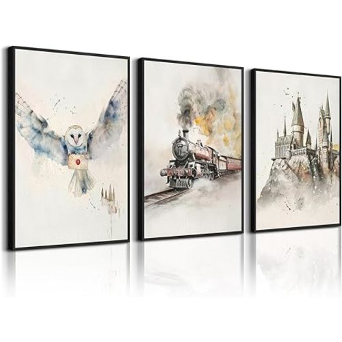 Magic Nursery Wall Art Magical Castle Canvas Poster Kids Room Wall Decor Woodland Animal Pictures Express Train Poster Snowy Owl Painting Baby Nursery Prints Artwork for Bedroom 12x16x3 Inch Unframed