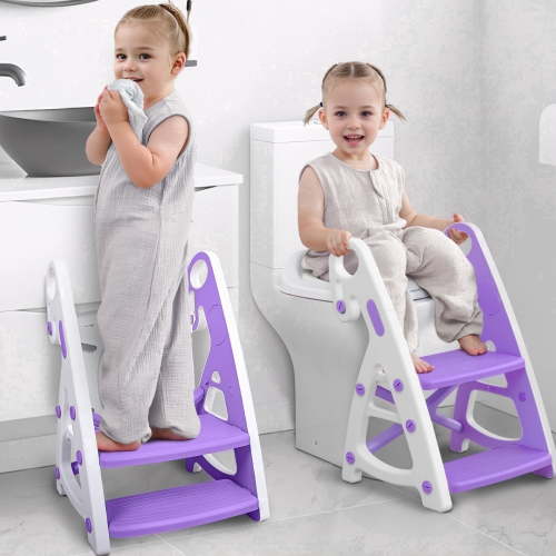 Primlect Potty Training Toilet Seat, 2 in 1 with Ladder, Adjustable Height ,for Ages 1-3, Purple