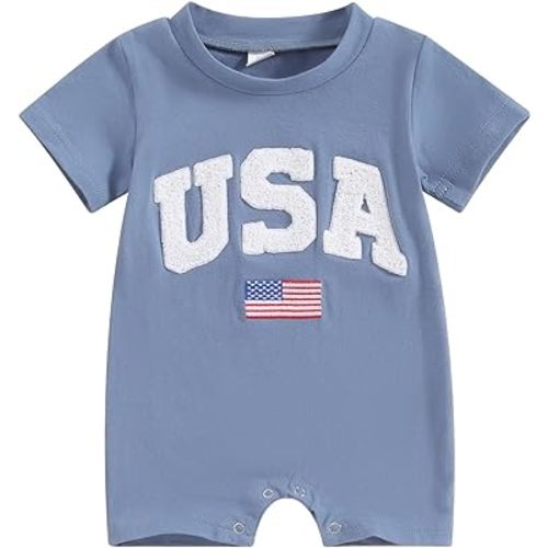4th of July Baby Outfit Newborn Boy Usa Romper Letter&Flag Embroidery Short Sleeve Jumpsuit One Piece Summer Clothes