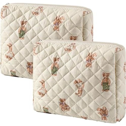Quilted Cotton Makeup Bag 2Pcs Coquette Cosmetic Bag,Large Soft Floral Travel Toiletry Bag for Women and Girls (01Bear)