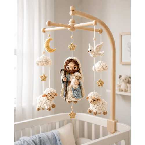 Crochet Jesus Good Shepherd Baby Mobile, Christian Nursery Decor, Lamb Dove Crib Mobile, Baptism Gift, Baby Shower Gift