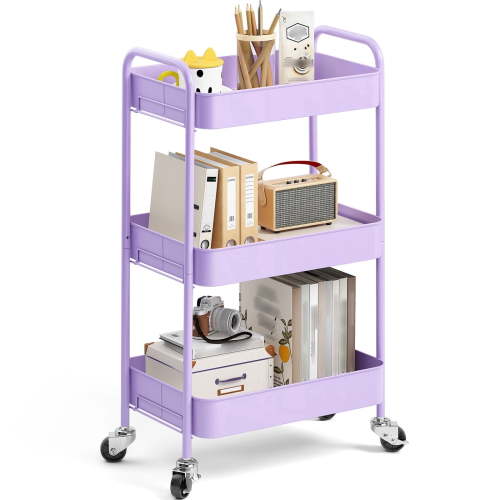 KK KINGRACK 3-Tier Rolling Cart, Metal Utility Cart with Wheels, Home Office School Organizer, Purple