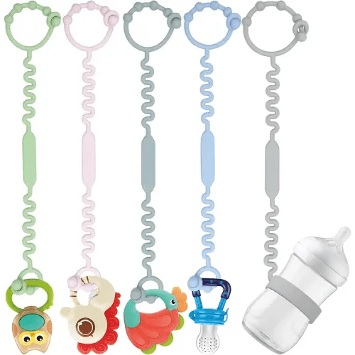Toy Straps for Baby, Pacifier Holder Clip with Self-Adjusting Bayonet, Pure Silicone Material Without BPA; Can Be Used for Teethers, Feeding Bottles, Toys, Baby Cribs, High Chairs(5PS)