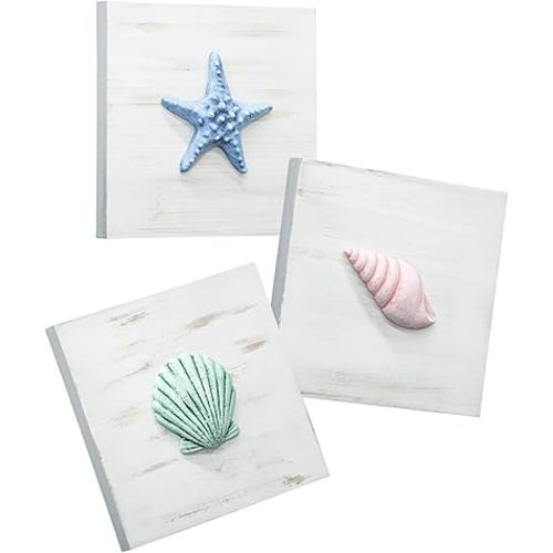 JUMBO DECOR 3D Ocean Beach Themed Wall Decor, Set of 3 (8" x 8") - Seashell and Starfish Decorations for Home or Beach House, Rustic Ocean Theme Coastal Bedroom or Bathroom Living Room Wall Art