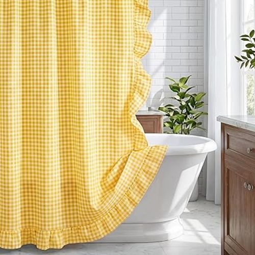 HunnmingRe Ruffled Gingham Shower Curtain 72 x 72 Inch Yellow Cotton Vintage Farmhouse Rural Plaid Shower Curtain with 12 Hooks for Bathroom Bathtubs Decor