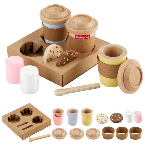 Fisher-Price Wooden Coffee to Go Set, 15-Piece Cafe Shop Playset Toddler, Ages 3-5 Years
