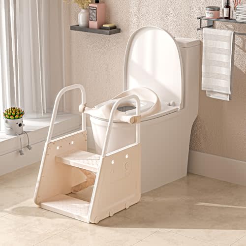 3 in 1 Potty Training Toilet Seat & Toddler Step Stool with Potty Train Chair Adapter and Extra Wide Non-Slip Ladder Potty Seats with Raised Guardrail and Splash Protection Design for Kids 1-3 Years