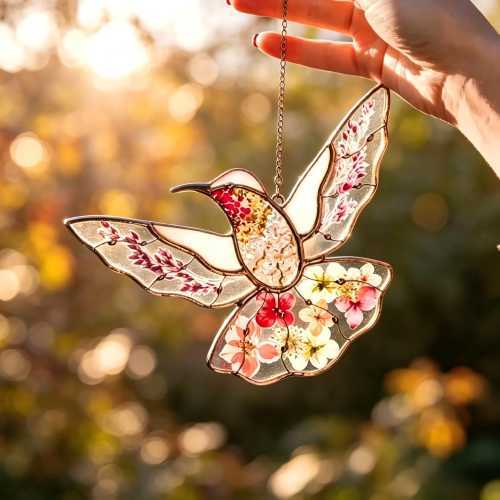 Hummingbird Stained Glass Window Hangings Mothers Day Gifts Pressed Flower Art Handmade Stained Glass Hummingbird Suncatcher Gifts For Mom