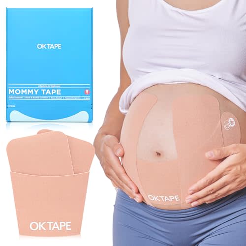 OK TAPE Pregnancy Belly Band Tape, for Belly Pain, Back Pain Relief, Swelling Relief, Non-Irritant Physical Belly Support Tape for Pregnant Women, Precut 12 Strips, 4 Sets - Weeks 13 to 26