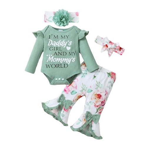 SUNNY PIGGY Newborn Baby Girl Clothes Infant Floral Outfits Bell Bottom Flowerpant Headband 0-18 Months Baby Girl Romper