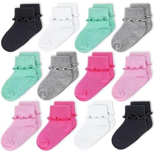 CozyWay Baby Ruffle Socks Baby Girl Turn Cuff Ankle Comfy Cotton Socks Infant - 12 Pack