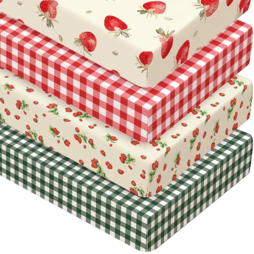 Peryiter 4 Pack Crib Sheets Brown Red Strawberry Soft Baby Bed Sheet Set 52'' x 28" Nursery Crib Sheets for Standard Bed Toddler Mattress Nursery Decor Boys Girls Kids