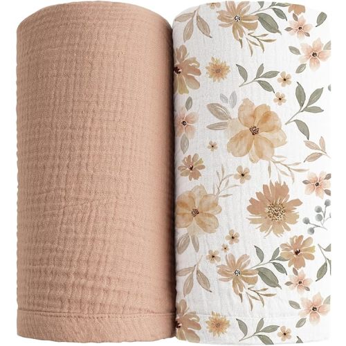 Konssy Muslin Swaddle Blankets for Boys Girls, 2 Pack Receiving Baby Blanket Large 47 x 47 inches, Soft Breathable Swaddling Wrap for Unisex Newborn (Flourish, Toffee)