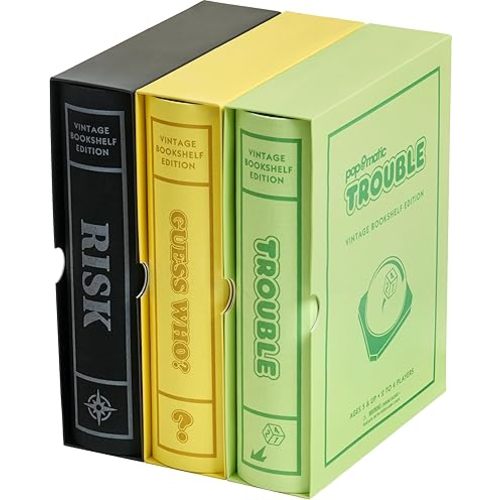 WS Game Company Risk, Trouble, and Guess Who? Vintage Board Game Bookshelf Collection, Classic Board Games for Your Home Decor & Enjoyable Play