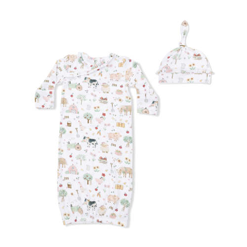 Kimono Gown & Ruffle Knotted Hat, Cute Farm Animals Pink