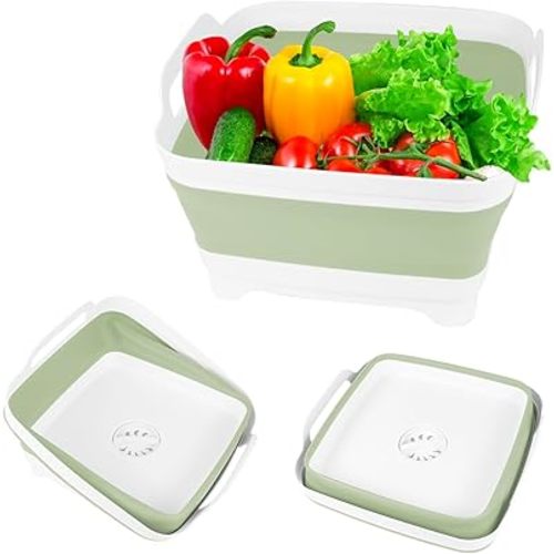 Hovom Collapsible Dish Basin with Drain Plug, 8.5L 2.2 Gallon Foldable Wash Basin, RV Portable Camping Sink, Outdoor Multiuse Space Saving Wash Bin for Baby Bottle, Kitchen Storage Tray (Green)