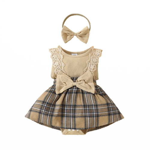 FYDUU Newborn Infant Baby Girl Romper Dress Dresses Sleeveless Lace Flower Bow One Piece Jumpsuit Bodysuit With Headband 2 Piece Set Temperament Suit