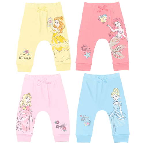 Disney Princess Newborn Baby Girls 4 Pack Pants Outfit Set, Cinderella Ariel Belle Aurora, 6-9 Months