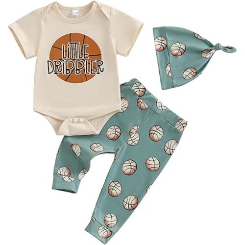 Infant Baby Boy Game Day Outfit Short Sleeve Basketball Romper + Pants + Hat 3Pcs Summer Clothes Set