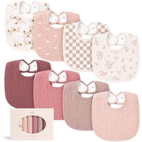 Konssy 8-Pack Muslin Baby Bibs, Adjustable Fit for Drooling and Teething