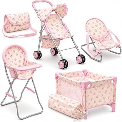 Baby Doll Stroller Bed and Seat Nursery Playset, Baby Doll Accessories Set High Chair Diaper Bag Role Play Deluxe Baby Doll Floral Set