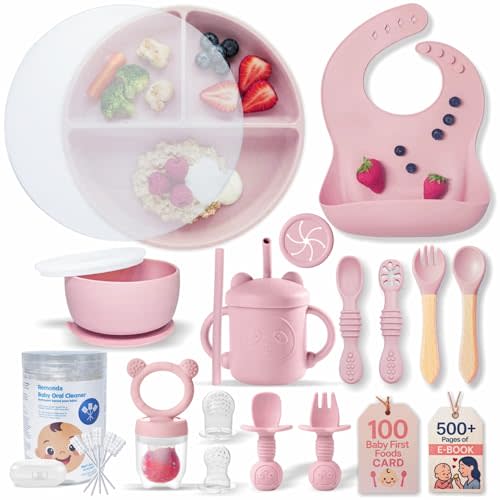 Remonda 23-Piece BPA-Free Silicone Baby Feeding Set | Extra Large Suction Plates, Toddler Bowls, Self Feeding Spoons, and More | Dishwasher Safe| Baby Led Weaning Supplies (Pink) A1