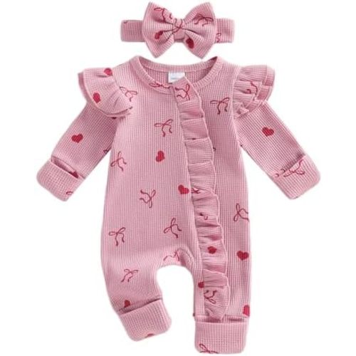 Newborn Baby Girl Valentines Day Outfit Heart Print Ruffle Long Sleeve Romper Onesie Cute Clothes with Headband