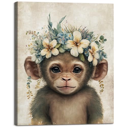 Baby Plum Cute Baby Monkey Garland Wall Art Jungle Animal Flower Wreath Canvas Poster Print Lovely Monkey Picture Aesthetics Artwork for Kids Room Nursery Bedroom Decorative Painting(12"x16", Framed)