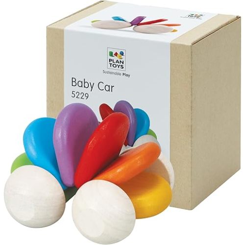 PlanToys® Wooden Baby Push Toy Car | Colorful Montessori Toy for Infants | Wooden Baby Toy with Flexible Body | Sensory & Motor Skill Development Toy for 6+ Months