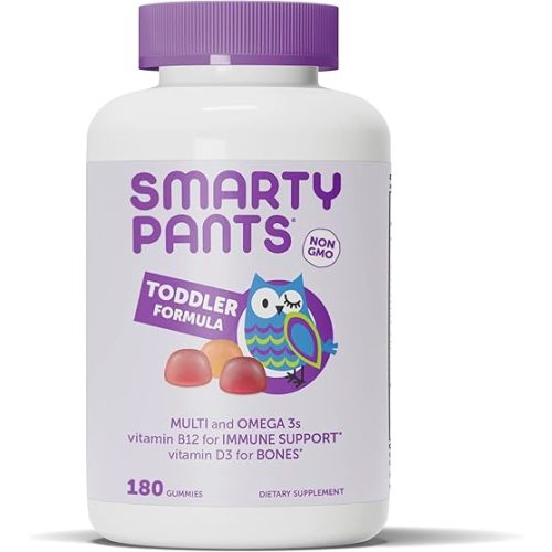 SmartyPants Toddler Multivitamin Gummies: Omega 3 Fish Oil (EPA/DHA), Vitamin D3, C, Vitamin B12, B6, A, K & Zinc, Biotin, Beta Carotene, Gluten Free, Three Fruit Flavors, 180 Count (60 Day Supply)