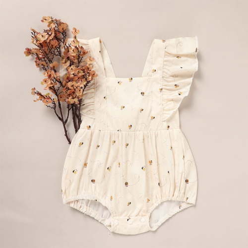 ZEHJUHAN Baby Girl Cute Bee Print Ruffle Sleeve Backless Bodysuit with Bow Tie Snap Crotch，Aprioct 0-3M