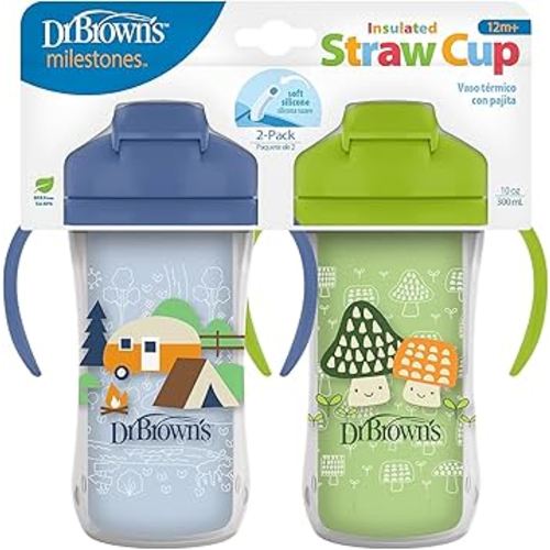 Dr. Brown's Milestones Insulated Sippy Cup with Straw and Handles, Spill-Proof Tumbler with Lid, 2-Pack, Blue & Green, 10 oz/300 mL, BPA Free, 12m+