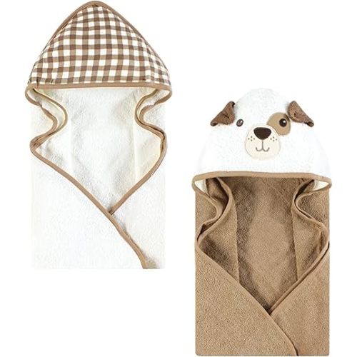 Hudson Baby Unisex Baby Cotton Animal Face Hooded Towel, Brown Gingham Puppy, One Size