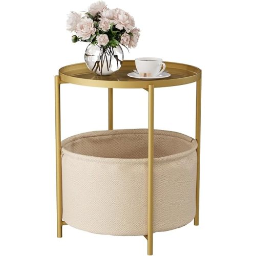 2 Tier Modern Side Table, Round End Table Living Room with Fabric Basket, Small Metal Bedside Nightstand with Removable Tray for Living Room, Bedroom, Office, Gold
