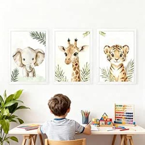 3 Set Safari Nursery Wall Decor, 11x16 Inch Framed Cute Giraffe Elephant Tiger Print Sign, Jungle Theme Cartoon Animal Wall Art for Baby Girl Boy Room Decoration, White