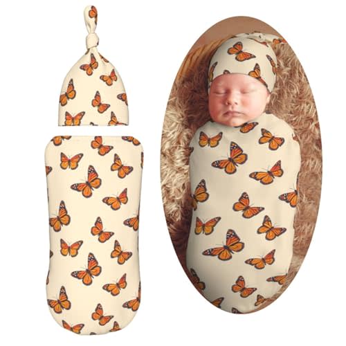 Monarch Butterfly Newborn Swaddle Blankets Hat Sets Soft Baby Receiving Blanket Swaddle Sack for Baby Shower Infant Boy Girl Gift