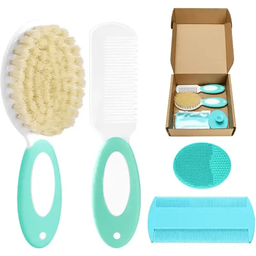 Baby Hair Brush and Comb Set, 4Pcs Baby Soft Bristles Hairbrush Cradle Cap Brush Hair Comb for Newborns Toddlers Boys Girls (Green)