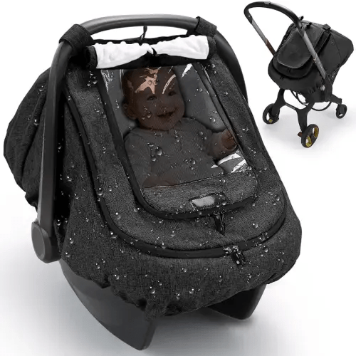 Waterproof Car Seat Cover for Baby, 2-Layer Car Seat Rain Cover with Clear Window & Sunshade & Mesh Cover, Universal Infant Carseat Canopy for Stroller, Protect from Rain and Snow - Black