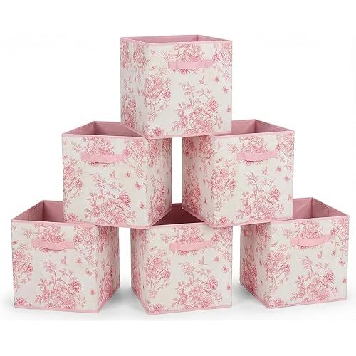 6 Pcs Pink Floral Cube Storage Bins 12.5 Inch Pink Flower Storage Basket with Handle, Preppy Girls Organizer Basket, Collapsible Fabric Box for Classroom Bedrooms Office Home Decoration (Flower)