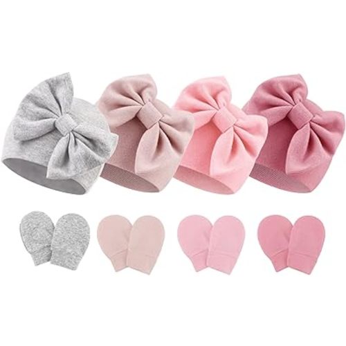Newborn Baby Hats and Mittens Set Infant Bow Beanie Cap Toddler Gloves Newborn Hospital Hats for Baby Boy Girl 0-6 Months