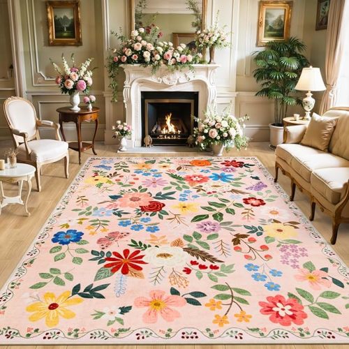 8x10 Area Rugs for Living Room: Floral Washable Rug Vintage Large Soft Boho Non-Slip Carpet Indoor Floor Stain Resistant Carpets for Bedroom Dining Room Farmhouse Nursery Home Office Beige