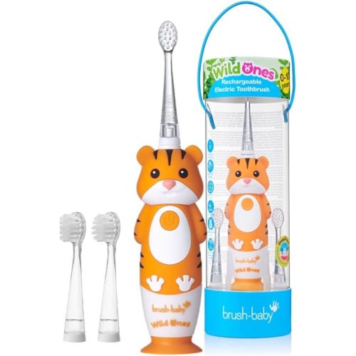 BrushBaby - WildOnes - Kids Rechargeable Electric Toothbrush, Ages 0-10 - Tiger Design with Flashing Lights - DeepClean Bristles for Superior Cleaning - 2 Replacement Brush Heads, 1 USB Cable