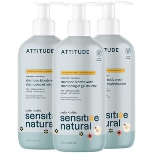 ATTITUDE Baby Shampoo & Body Wash, Unscented, for Sensitive Skin, 16 Fl Oz