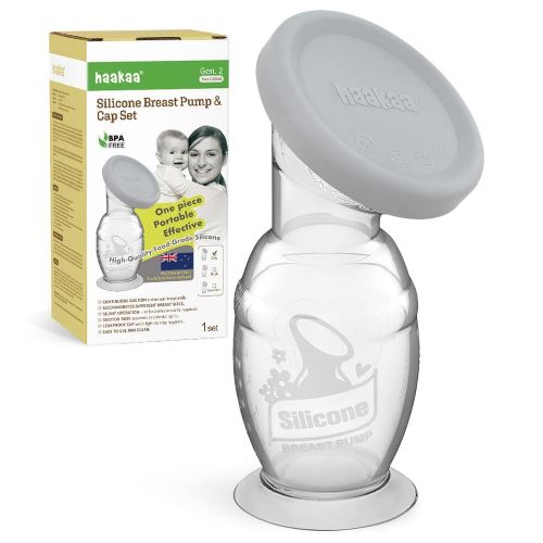 haakaa Manual Breast Pump & Silicone Cap Combo for Nursing Mom (Gray, 5oz. with Base)