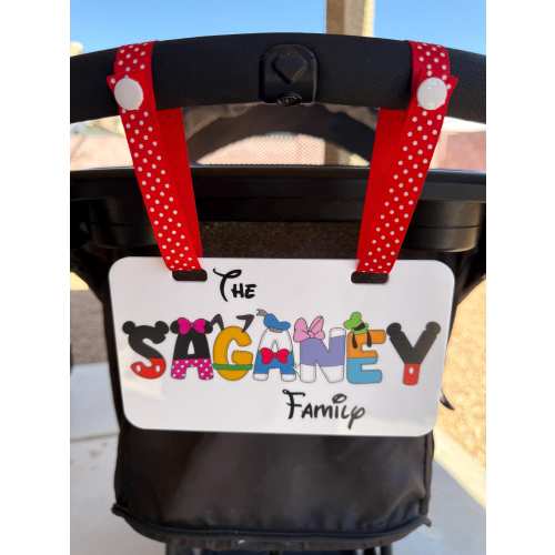 Personalized Acrylic Family Name Stroller Sign, Amusement Theme Park Sign for Stroller, Character Themed ID Tag Disney stroller, Scooter Tag