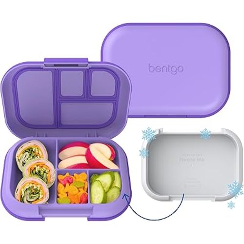 Bentgo Chill Kids Leak-Proof Lunch Box - 4-Compartment Bento Box with Built-In Ice Pack, 3.3 Cup Capacity, PFAS & BPA-Free, Microwave & Dishwasher Safe, Ideal Size for Ages 3 to 7 (Purple)