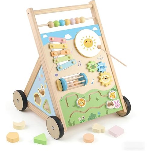 Ranqibo Wooden Baby Walker, Baby Walker with Wheels, Includes Montessori Sensory Toys and Activity Center, 6-18 Months for Boys and Girls