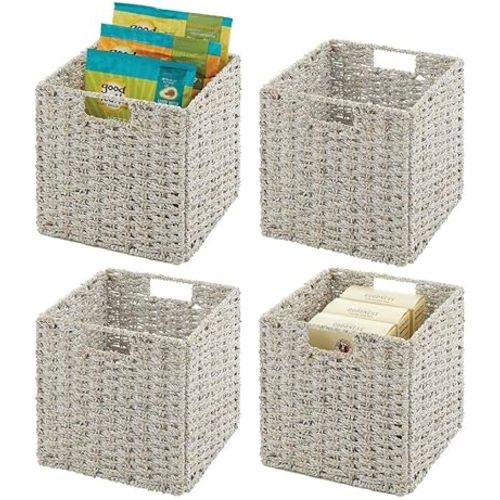 mDesign Seagrass Woven Cube Basket Organizer with Handles - Storage for Kitchen Cabinet or Pantry Shelf - Perfect for Cubby Storage Units - Holds Snacks or Small Appliances - 4 Pack - White Wash