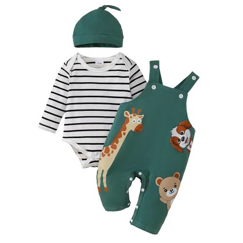 Baby Boy Clothes Fall Winter Outfits Infant Long Sleeve Striped Romper Cartoon Suspender Overalls 3 Pcs 0-18 Months